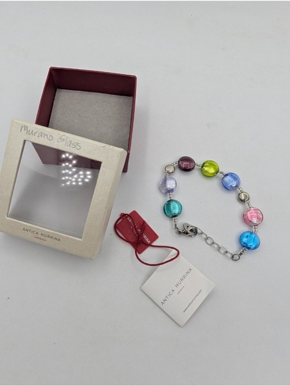 Antica Murrina Venezia Murano Glass Bracelet Multi Color Foil Disc 7.25"-9.5"
